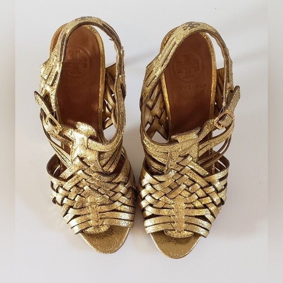 Tory Burch Nadia Women's Gold Braided Leather Heel Size 6.5 M - Picture 6 of 12